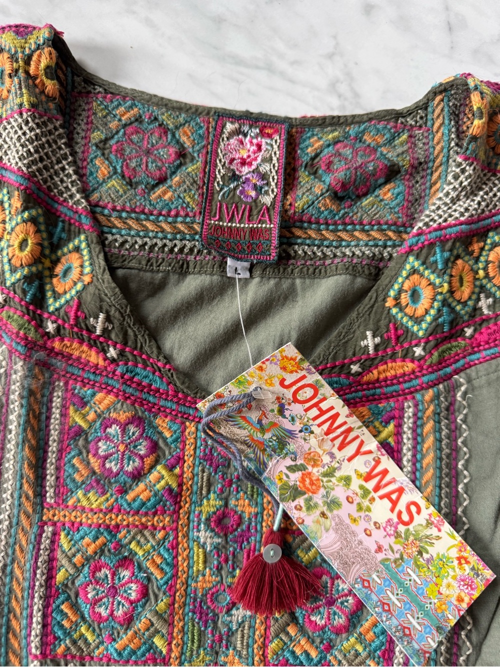 Johnny Was Olive Green Embroidered Mini Dress with Pink & Yellow Accents - Picture 2 of 8